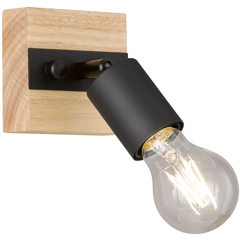 Image of Etc-shop - Lampada da parete in legno, lampada da parete per interni retro orientabile, faretto orientabile in metallo nero, 1x E27, LxAxP 9x12x9 cm