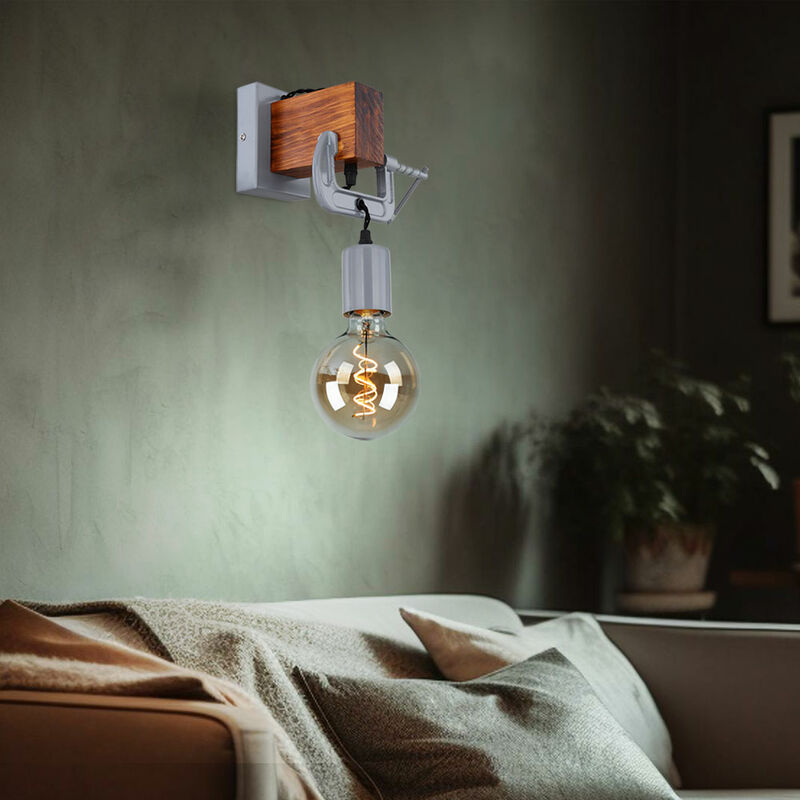Image of Globo - Lampada da parete in legno rustico camera da letto lampada da parete applique da parete per interni vintage retrò, morsetto a vite in metallo
