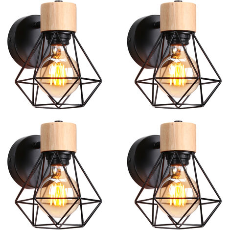 Lampada da Parete Interni, Industriale Stile Applique in Metallo e Legno, Illuminazione da Parete Gabbia Diamante Regolabile 180° per Soggiorno Camera da Letto Corridoio (4X Nero)