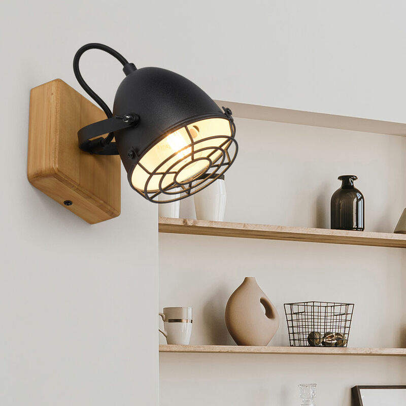 Image of Lampada da parete lampada da camera da letto lampada da lettura retrò lampada da soggiorno in legno con punto mobile, metallo, cromo nero, 1x E14,