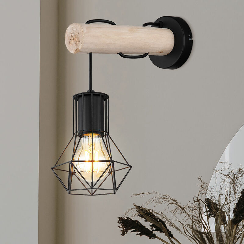 Image of Etc-shop - Lampada da parete Lampada da camera, lampada in legno in stile rustico, industriale, paralume reticolare, metallo, nero, 1x E27, LxPxA