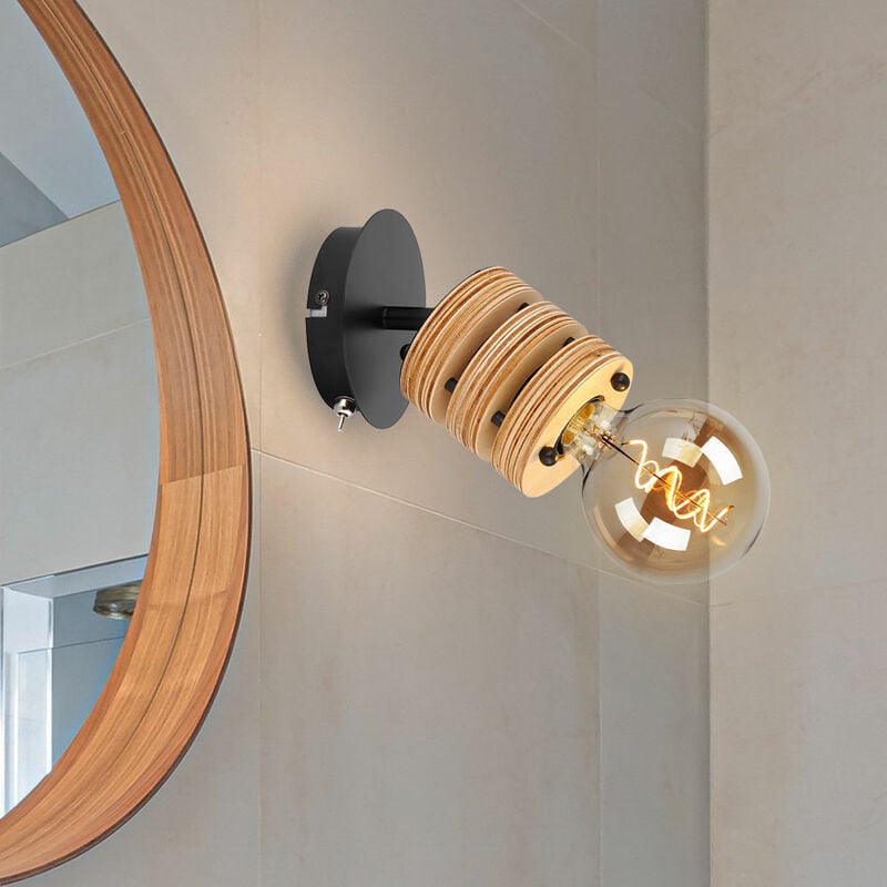 Image of Lampada da parete in stile country lampada da parete in legno mdf lampada da soggiorno in legno con faretto mobile, metallo marrone nero, 1x E27, LxH