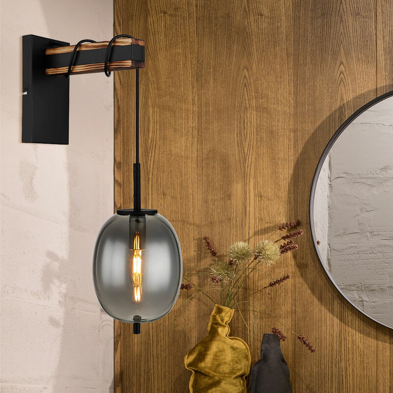 Image of Globo - Lampada da parete Lampada da parete Lampada da camera Lampada in legno con paralume in vetro da avvolgere, metallo nero fumé, 1 attacco E27,