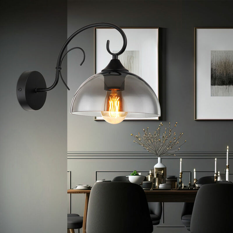 Image of Lampada da parete lampada da parete lampada da corridoio lampada da camera, design retrò metallo vetro nero fumé, 1x attacco E27, PxH 20x22cm
