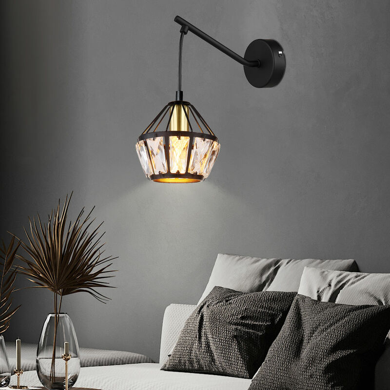 Image of Lampada da parete lampada da parete lampada da corridoio lampada da soggiorno, metallo nero cristalli di vetro ottone chiaro, classico, 1x attacco