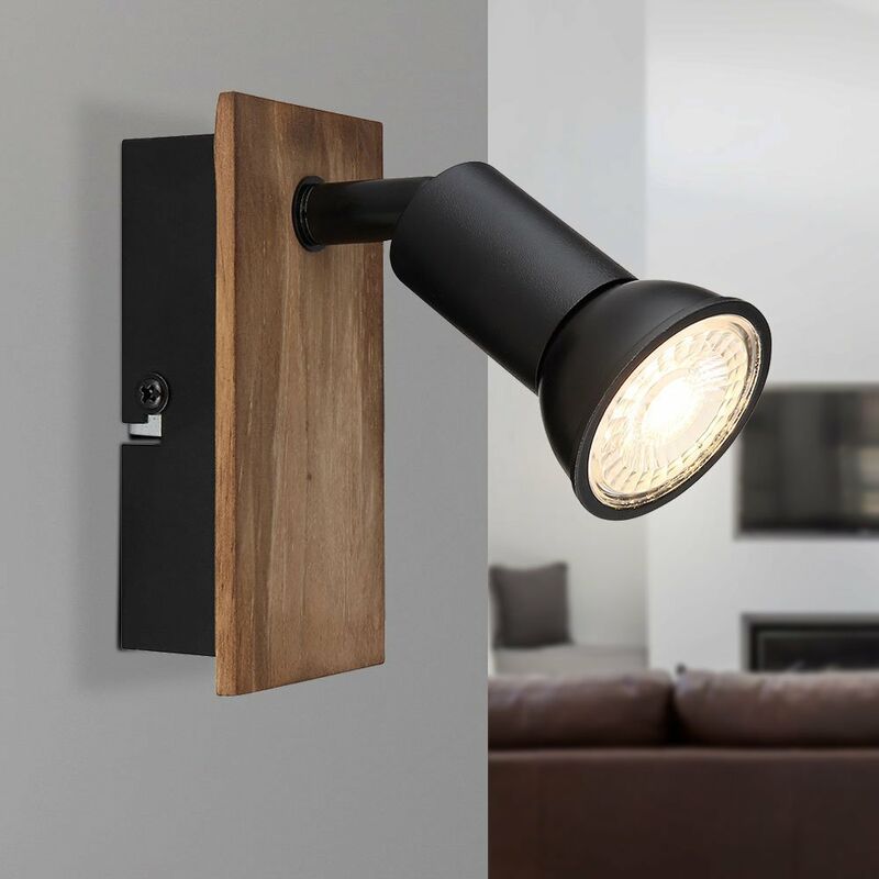 Image of Etc-shop - Lampada da parete lampada da parete lampada in legno lampada soggiorno con spot mobile, metallo nero testa di moro, 1x GU10, LxA 6x10,5 cm