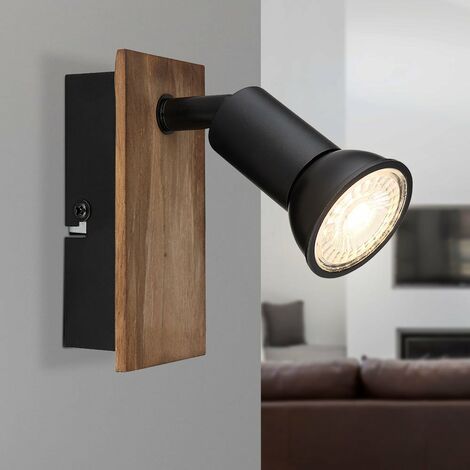 Lampada da parete lampada da parete lampada in legno lampada soggiorno con spot mobile, metallo nero testa di moro, 1x GU10, LxA 6x10,5 cm