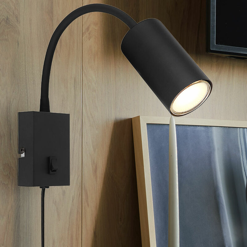 Image of Lampada da parete, lampada da scrivania con presa, lampada da lettura, regolabile in modo flessibile, interruttore, metallo nero, GU10, PxH 7x44 cm