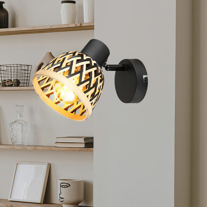 Image of Lampada da parete lampada da soggiorno in stile boho faretto da parete marrone bambù, paralume punto intrecciato regolabile, nero, 1x E27, DxH 13x14cm