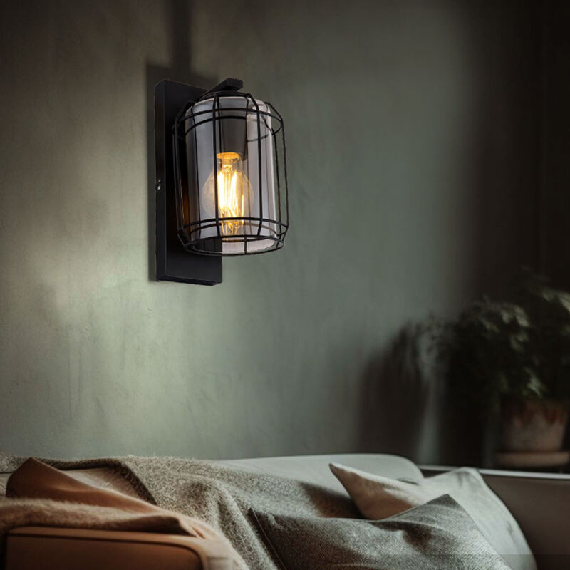 Image of Lampada da parete lampada da soggiorno lampada da parete lampada da sala da pranzo industriale vetro color fumo, aspetto griglia metallica nera,