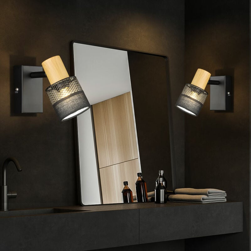 Image of Lampada da parete, lampada da soggiorno, lampada in legno, lampada da parete con punto mobile, tessuto metallico, nero, 1 attacco E14, LxPxA
