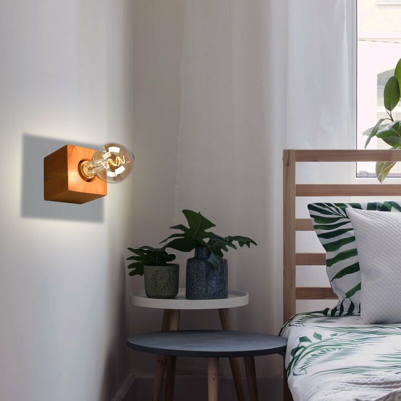 Image of Lampada da parete lampada da parete in legno lampada da parete in stile country lampada da soggiorno in legno di forma quadrata, senza paralume, 1x