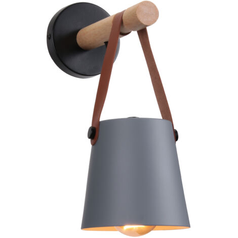 Lampada da Parete LED Industriale in Metallo Legno Applique da Parete Interiore con Abat-jour Sospensione E27 per Camera, Salotti, Caffè, Bar - Grigio