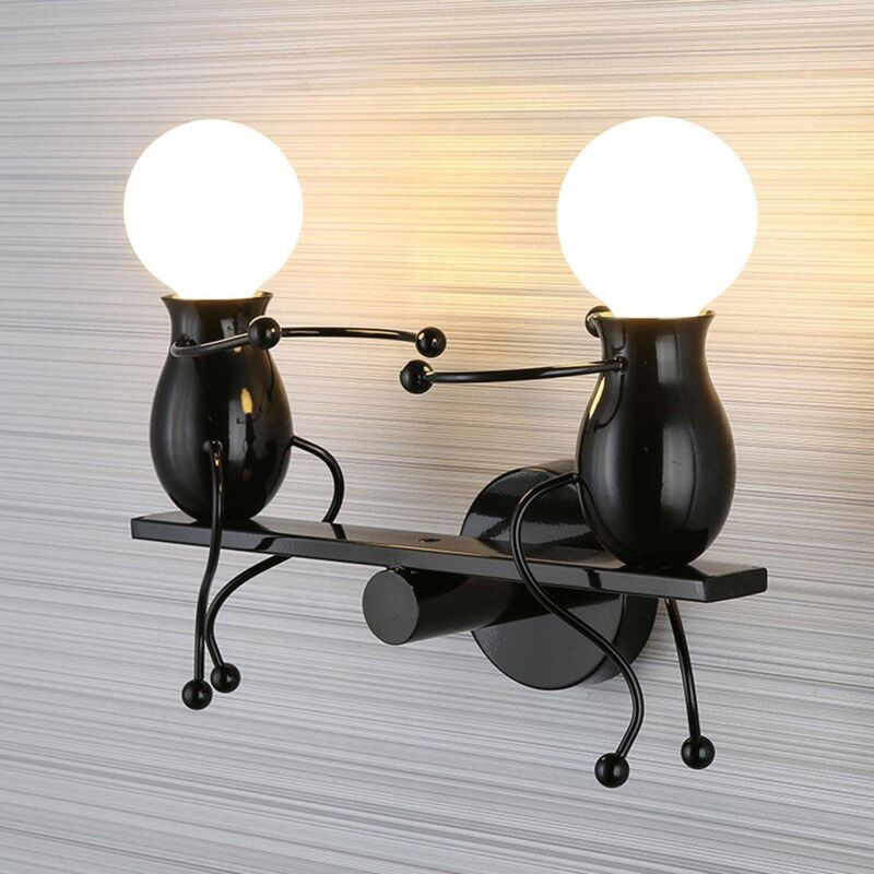 Lampada da Parete Retrò Creativo Humanoid Applique da Parete E27 Iron Interno Moderna per Soggiorno Corridoio Camera da Letto Cafe (Nero)