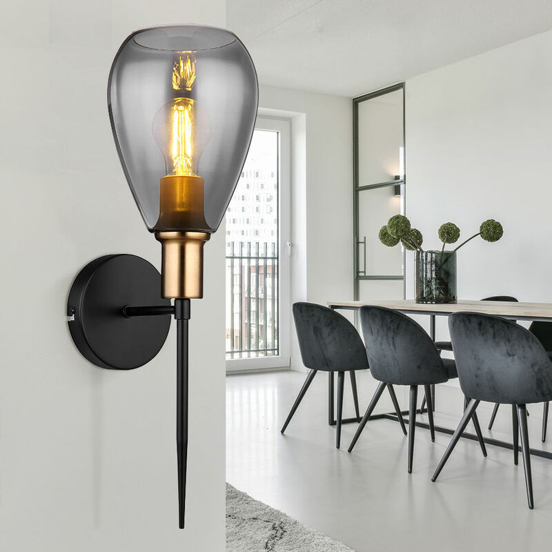 Image of Etc-shop - Lampada da parete paralume in vetro fumè soggiorno lampada da parete torcia da parete nero retrò, metallo vetro nero, 1x attacco E27,