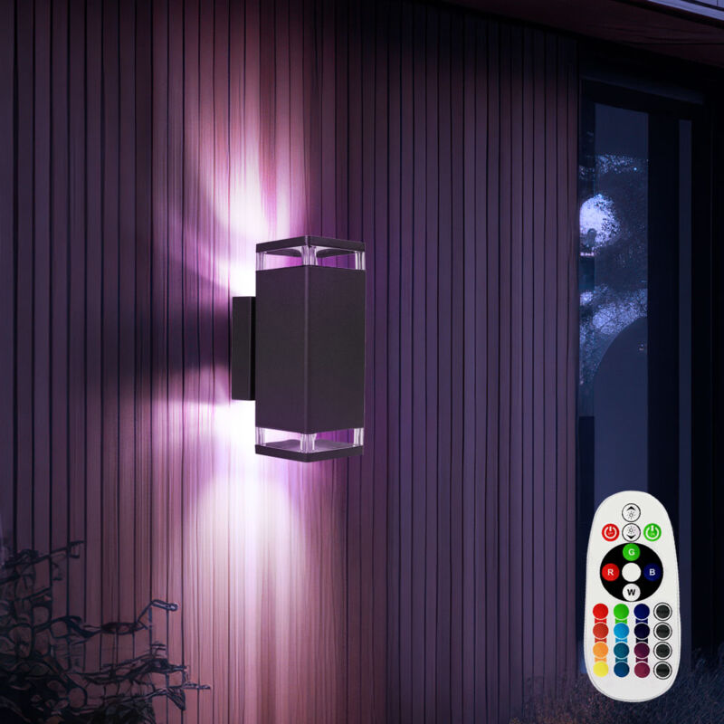 Image of Lampada da parete per casa, lampada da parete, luce per esterni, facciata, alluminio nero, 2 lampadine GU10, telecomando dimmerabile, 2x led rgb 3,5