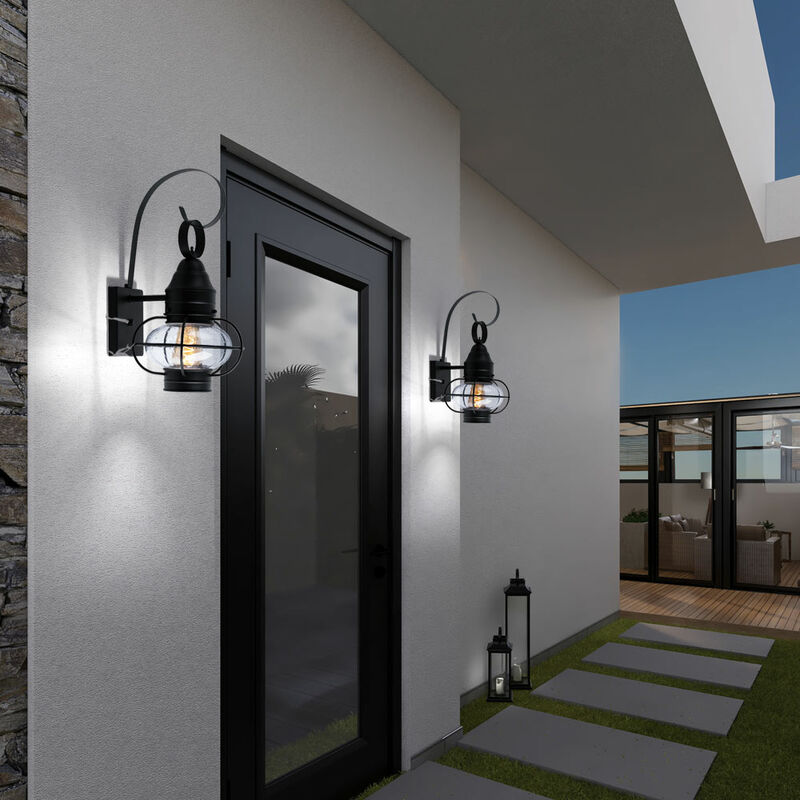 Image of Lampada da parete per casa, parete, esterni, lanterna nera, retro, paralume in vetro resistente alle intemperie, acciaio alluminio, 1x attacco E27,