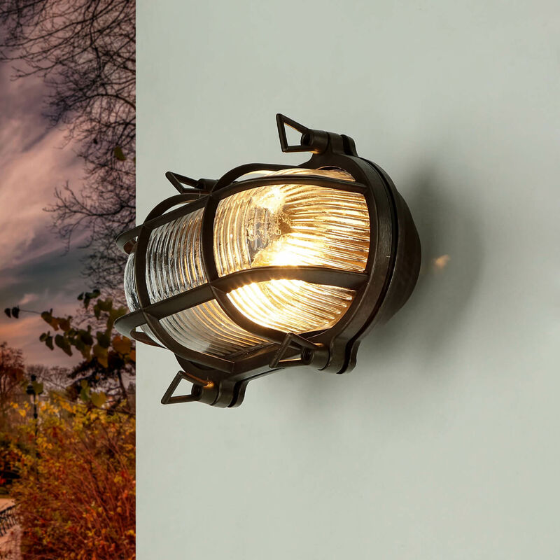 Image of Licht-erlebnisse - Lampada da parete per esterni E27 applique per patio in vero ottone nero in vetro nero per esterni - Nero antico
