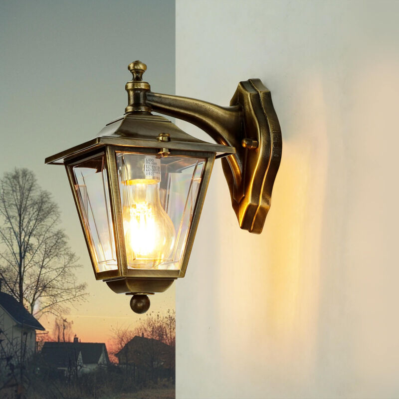 Image of Licht-erlebnisse - Lampada da parete per esterni Lanterna a muro con braccio all'ingiù in ottone dal design retrò in stile rustico IP43 per giardino