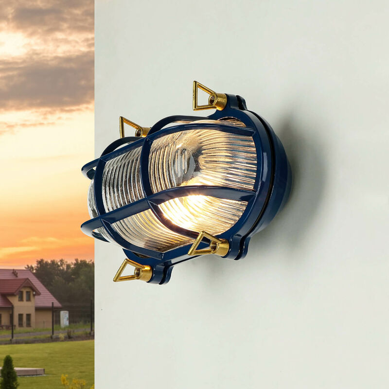 Image of Licht-erlebnisse - Lampada da parete per esterni in vetro in vero ottone IP64 blu E27 applique marittima da giardino per esterni - Blu