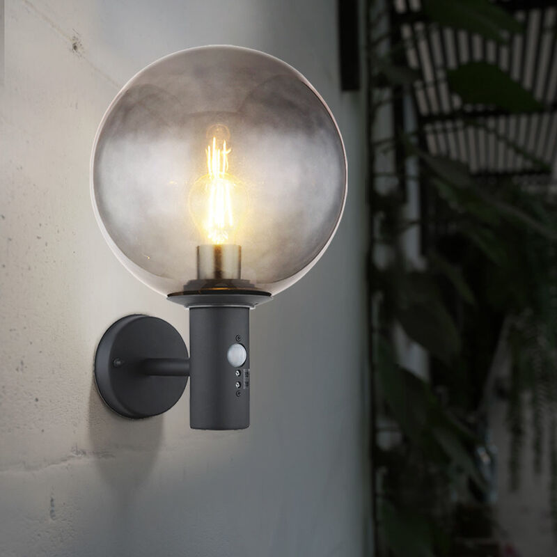 Image of Lampada da parete per esterni Lampada da parete a led con rilevatore di movimento lampada per facciate, acciaio inossidabile antracite sfera di vetro