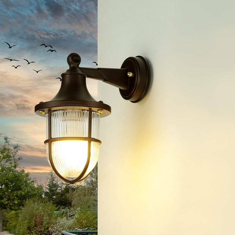 Image of Licht-erlebnisse - Lampada da parete per esterni Marrone ruggine anticato IP64 E27 Lampada da esterno marittima in vetro in ottone reale - Ruggine
