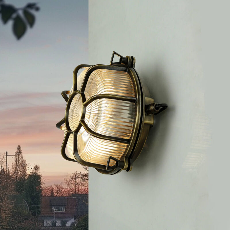 Image of Licht-erlebnisse - Lampada da parete per esterni sifnos design marittimo in vero ottone stile antico - Ottone antico