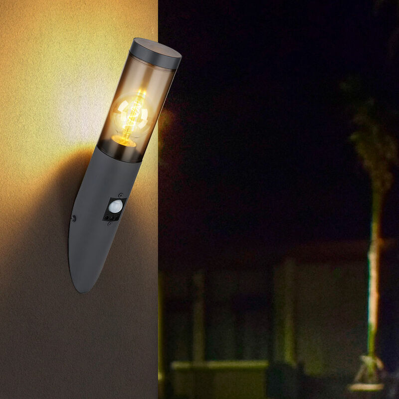 Image of Lampada da parete per esterno con rilevatore di movimento, lampada da parete in acciaio inox torcia esterna, fumo antracite, 1x E27, LxA 7,6x41 cm
