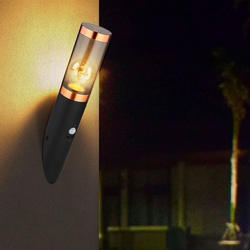 Image of Lampada da parete per esterno con rilevatore di movimento, lampada da parete in acciaio inox torcia esterna, paralume nero rame fumo, 1x E27, LxA