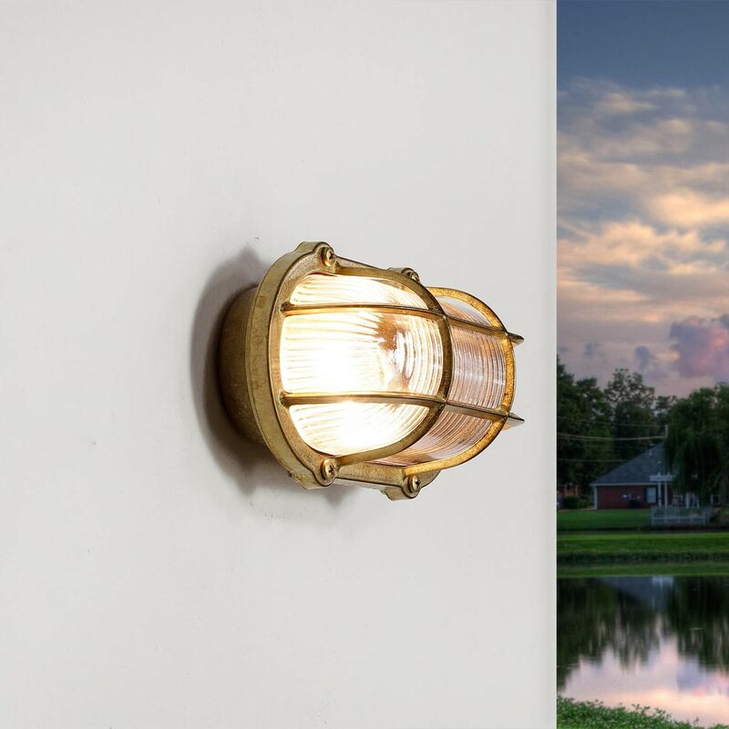 Image of Licht-erlebnisse - Lampada da parete per esterni Applique dal design marittimo a mo' di sottomarino stile rustico in vero ottone - Ottone