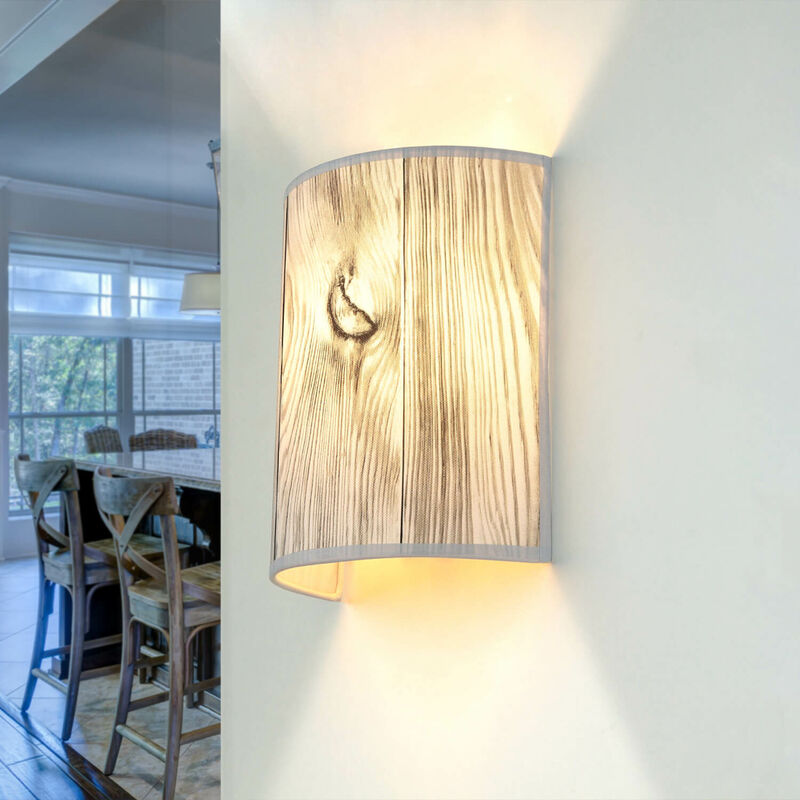 Image of Licht-erlebnisse - Lampada da parete per interni alice dal design Loft in tessuto con motivo legno E27 - Ottica in legno sottoposta alle intemperie