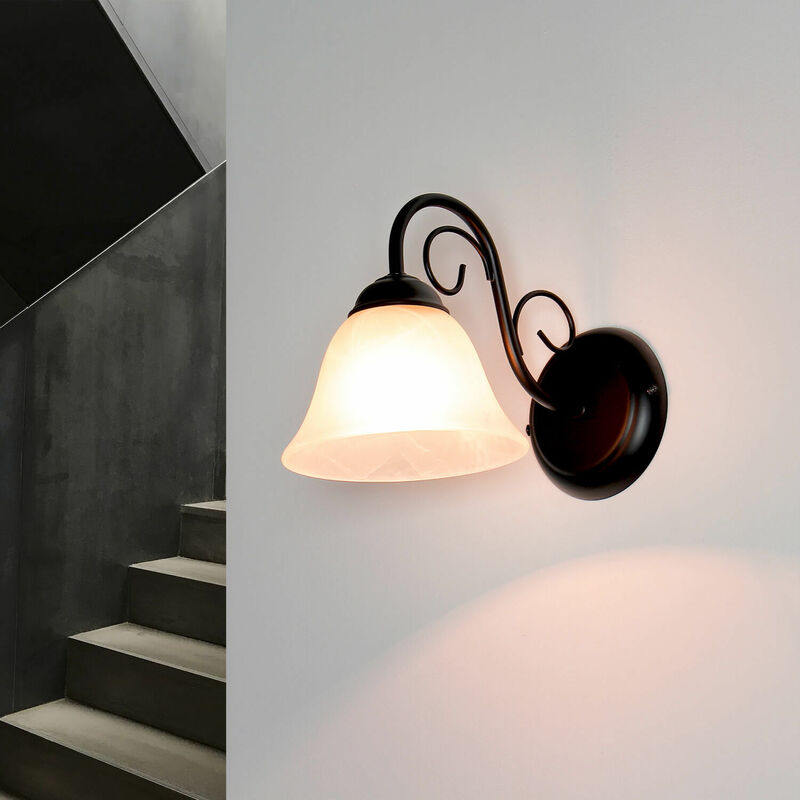 Image of Licht-erlebnisse - Lampada da parete per interni dal design rustico nera in vetro alabastro E27 - nero opaco, bianco