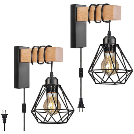 Lampada da parete retrò americana con spina, lampada da parete a gabbia, lampada da comodino per camera da letto con interruttore, luce rotante