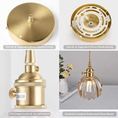 Lampada da parete retrò con paralume in vetro color oro chiaro, lampadario in ottone da 220 V con catena regolabile da 70 cm, lampada da parete per comodino da camera da letto E26 - lampadina inclusa