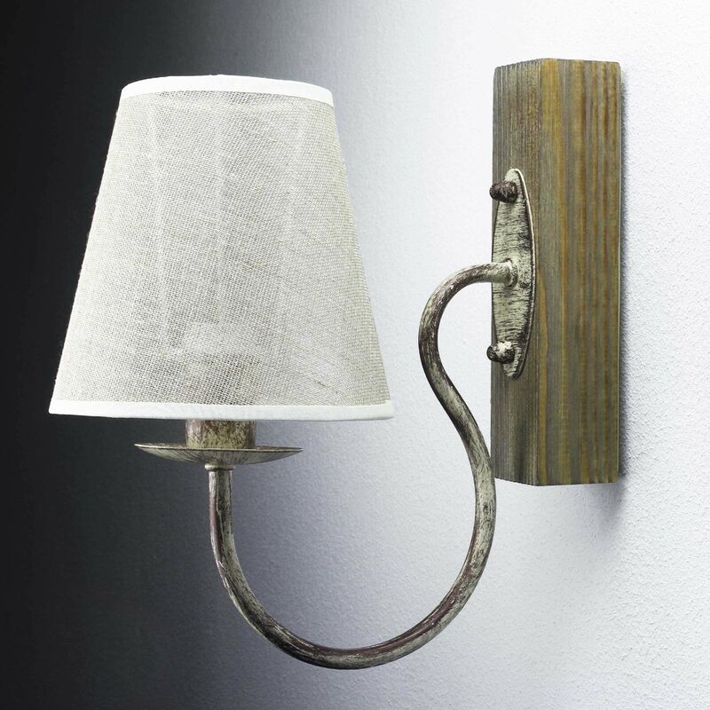 Image of Lampada da parete con braccio in design rustico paralume in tela color beige ideale per camera da letto corridoio salotto carin - Beige, Legno,