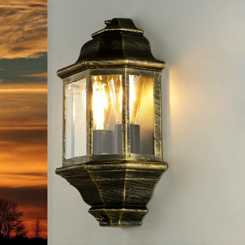 Image of Lampada da parete esterna in stile rustico design retrò a forma di Lanterna color oro antico livorno 2xE27 - Oro antico