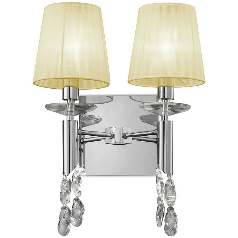 Lampada da parete Tiffany accesa 2+2 luci E14+G9, cromo lucido con paralumi crema e cristallo trasparente