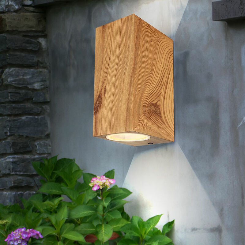 Image of Lampada da parete Up Down 2 fiamme lampada da esterno alluminio effetto legno lampada da esterno parete vetro, 2x attacco GU10, LxA 6,8x15 cm