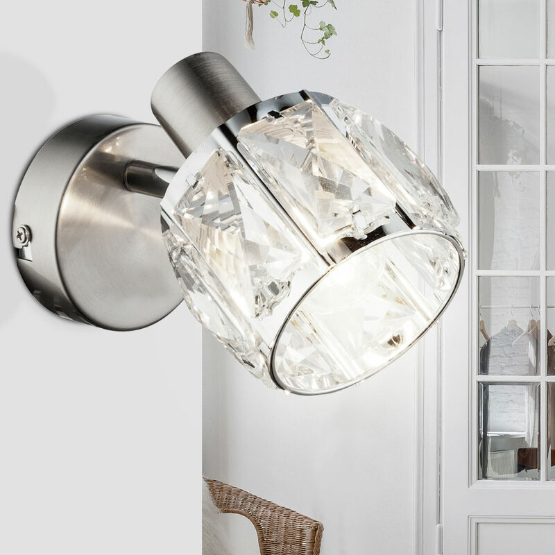 Image of Lampada da parete vetro cristalli interruttore soggiorno cromo illuminazione interna nichel opaco, faretto mobile, 1x E14, h 12,5 cm