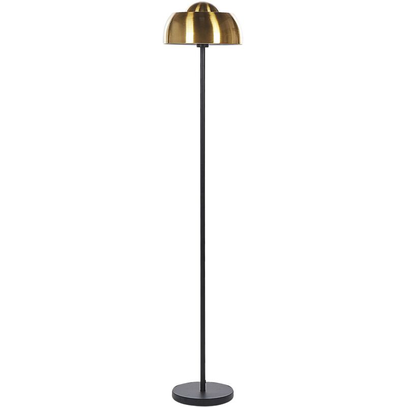 Image of Lampada da terra rotonda in metallo nero e oro in stile industriale con paralume a cupola Senette