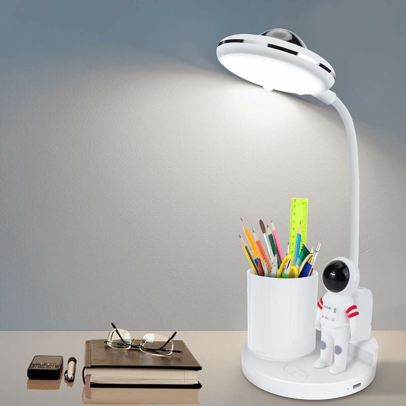 Image of Fortuneville - Lampada da scrivania a led dimmerabile con portapenne e proiettore, lampada da comodino con porta usb, luce di lettura a collo d'oca