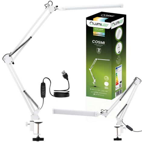 Lampada da scrivania a LED dimmerabile COSMI 8W CCT USB, bianca con supporto Lumiled