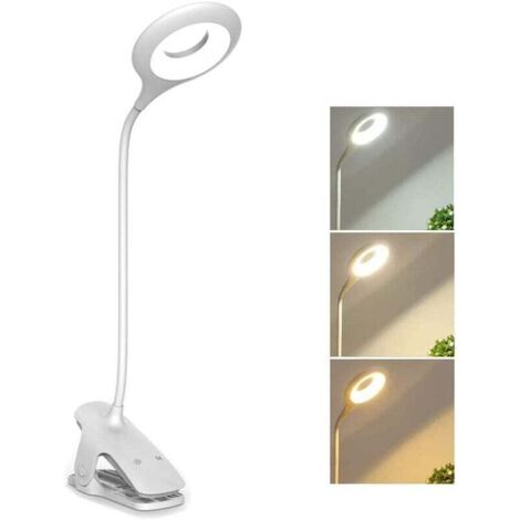 Lampada da scrivania a LED flessibile e ricaricabile, 3 colori e 3 livelli di luminosità, lampada da comodino dimmerabile con controllo touch, luce di lettura a LED con clip e batteria senza fili (bia
