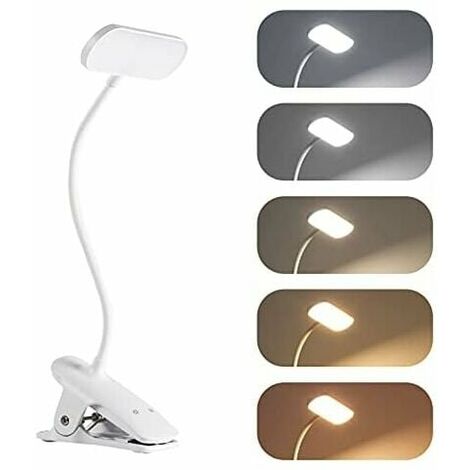 Lampada da scrivania a LED ricaricabile senza fili con clip con luce di lettura a 36 LED 5 temperature di colore e 5 luminosità flessibile regolabile a 360° per letto, comodino, lettura, studio, camer