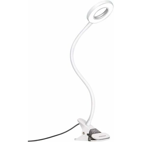 Lampada da scrivania a morsetto da 5 W, lampada da lettura a LED con adattatore, luminosità regolabile, protezione degli occhi per ufficio e casa, flessibile a 360°, bianco