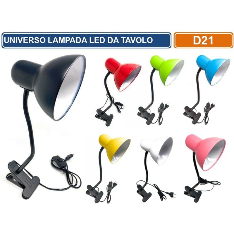 Image of Lampada da tavolo con clips di fissaggio e braccio flessibile attacco E27 disponibile con colori assortiti - Colore: Bianco