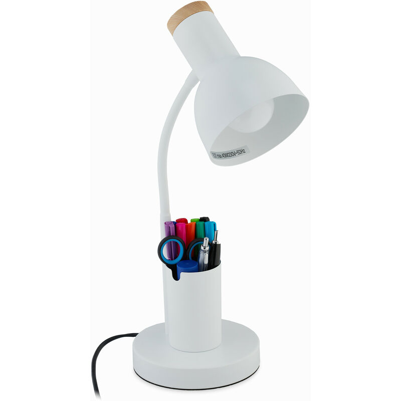 Image of Lampada da Scrivania con Portapenne, Desk Lamp per Studio e Ufficio, Attacco E27, hlp: 46,5x14,5x17 cm, Bianco - Relaxdays