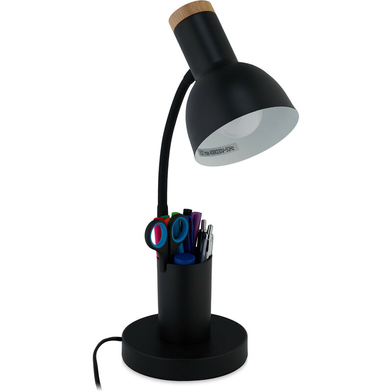 Image of Lampada da Scrivania con Portapenne, Desk Lamp per Studio e Ufficio, Attacco E27, HxLxP: 46,5x14,5x17 cm, Nero - Relaxdays