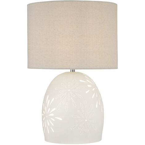Lampada Da Scrivania Contemporanea Cora Ceramica Bianco Tessuto Beige 1 Luce E27