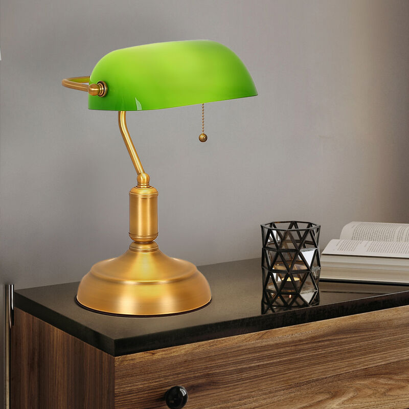 Image of Lampada da scrivania lampada da banchiere lampada da tavolo ottone vecchio vetro lampada da lettura verde, paralume orientabile, interruttore a